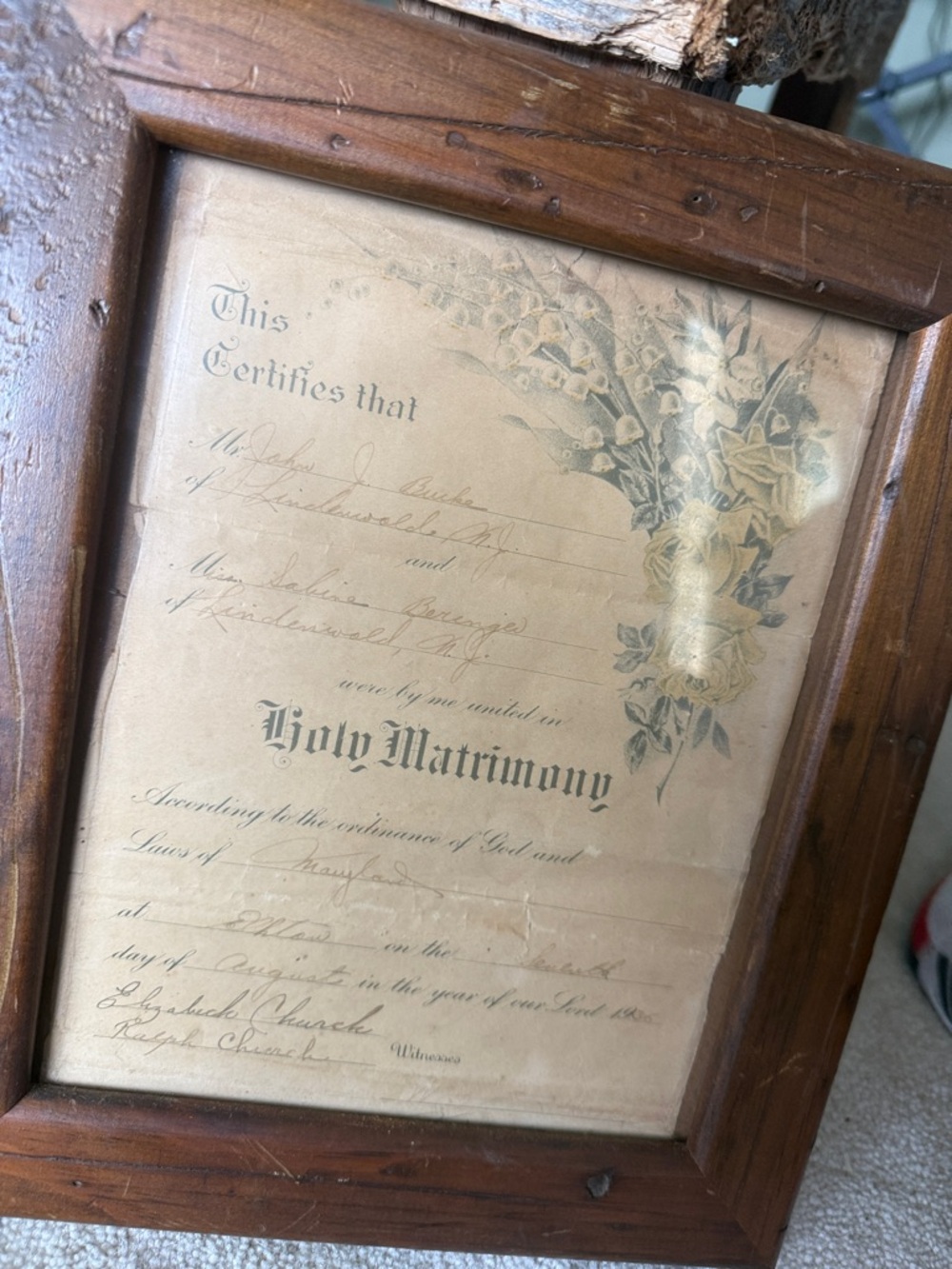 Vintage Wooden Framed Wedding Certificate with Floral Illustration
